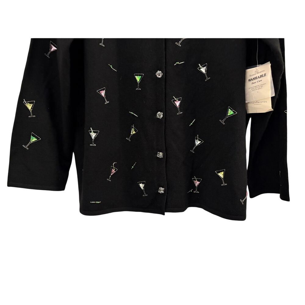 Susan Bristol Martini Glass Cardigan Sweater NEW Beaded Black Ice Cube Buttons - Picture 3 of 12